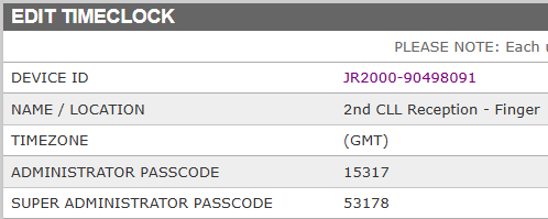I forgot or don't know the passcodes to access the timeclock admin